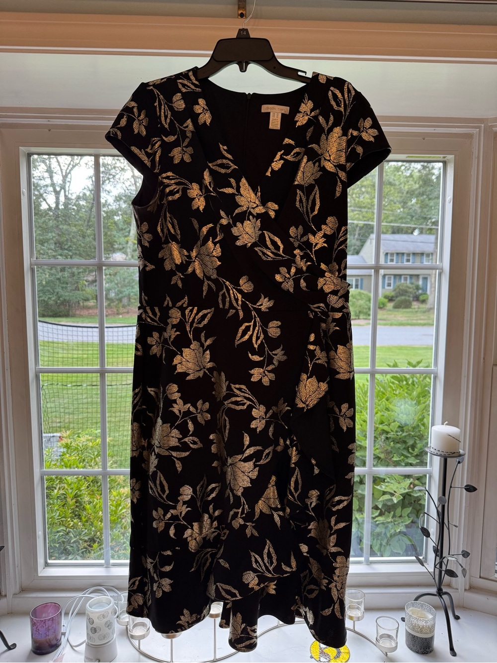 London Times Black Dress with Gold Floral Embroidery
